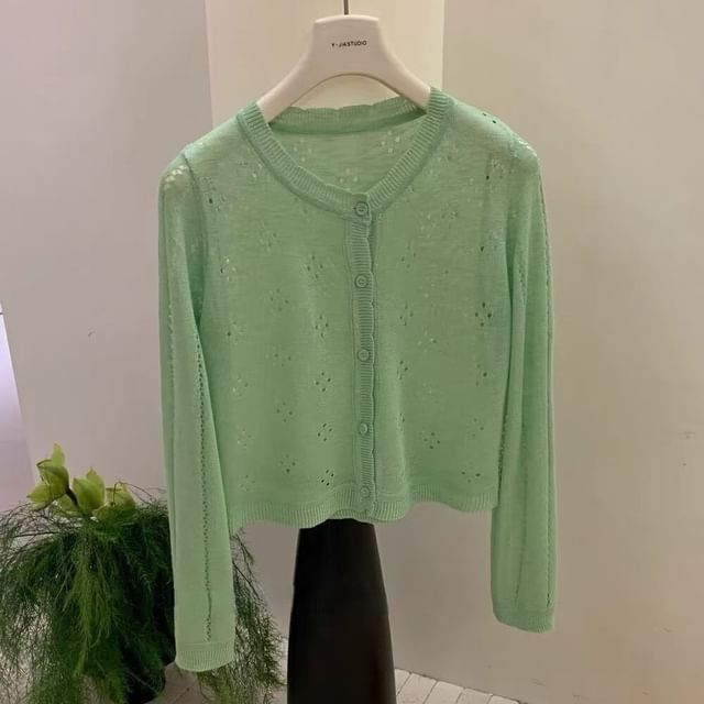 Round Neck Plain Pointelle Cardigan