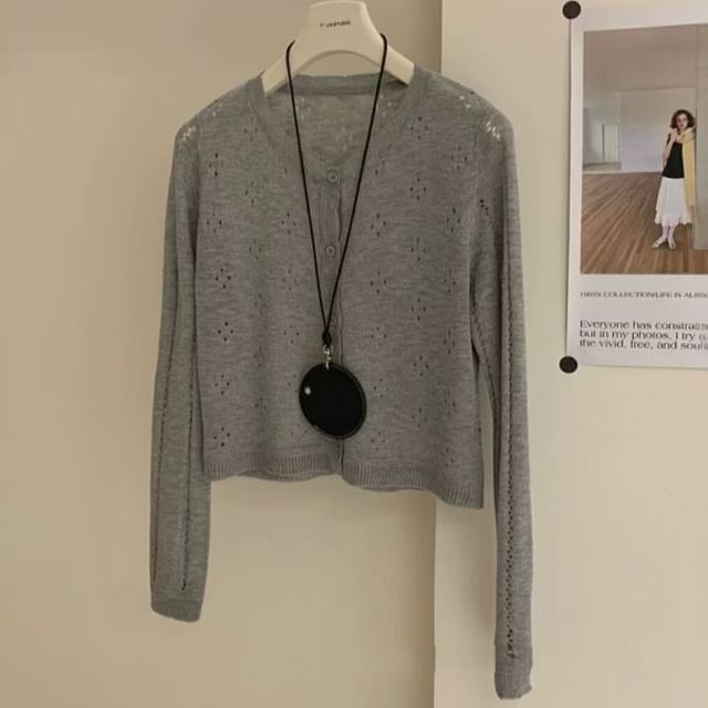 Round Neck Plain Pointelle Cardigan