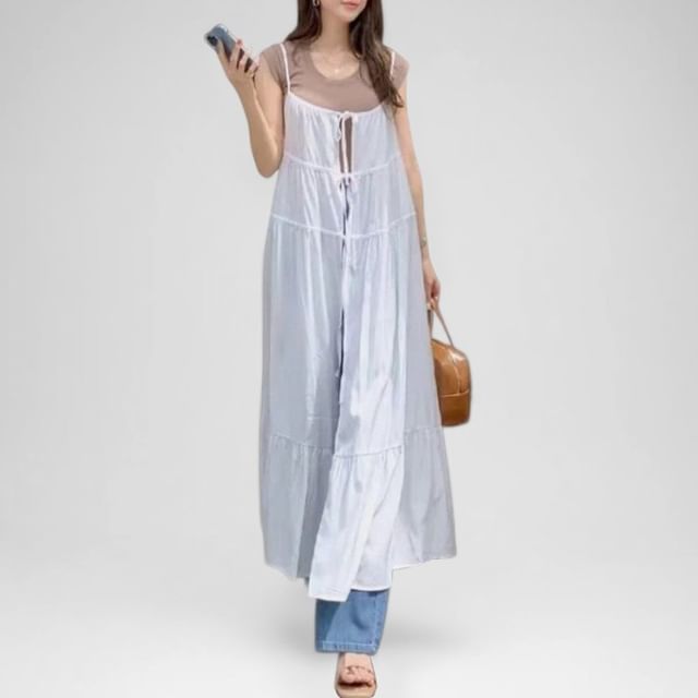 Spaghetti Strap Slit Hem Plain Maxi A-Line Dress