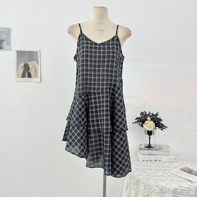 Spaghetti Strap Plaid Tiered Asymmetrical Mini Smock Dress