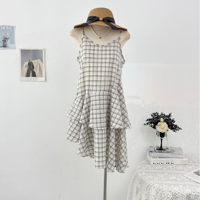 Spaghetti Strap Plaid Tiered Asymmetrical Mini Smock Dress