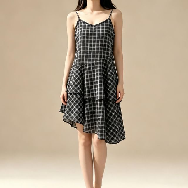 Spaghetti Strap Plaid Tiered Asymmetrical Mini Smock Dress