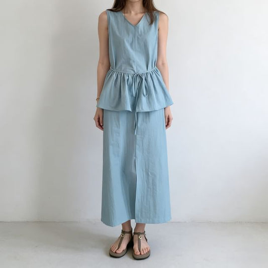 Sleeveless V-Neck Plain Peplum Slit Maxi A-Line Dress