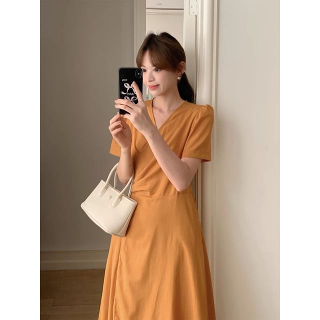 Short-Sleeve V-Neck Plain Wrap Maxi A-Line Dress