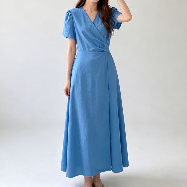 Short-Sleeve V-Neck Plain Wrap Maxi A-Line Dress