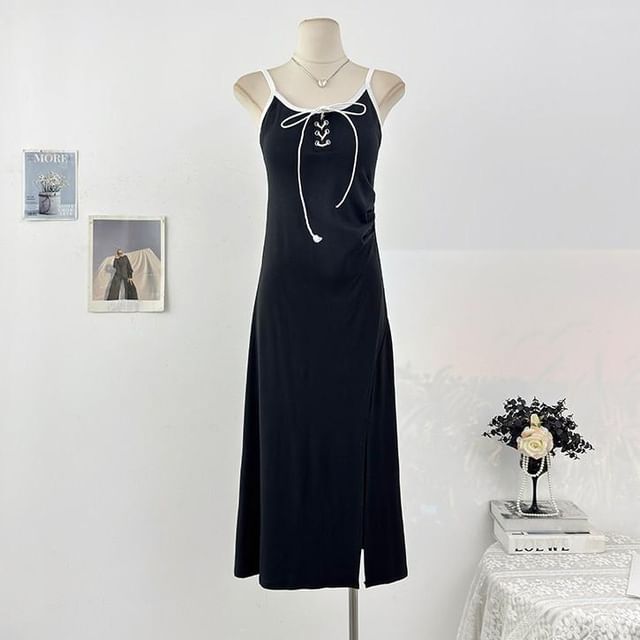 Spaghetti Strap Contrast Trim Lace Up Slit Maxi A-Line Dress