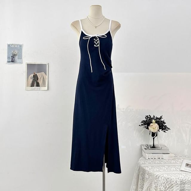 Spaghetti Strap Contrast Trim Lace Up Slit Maxi A-Line Dress