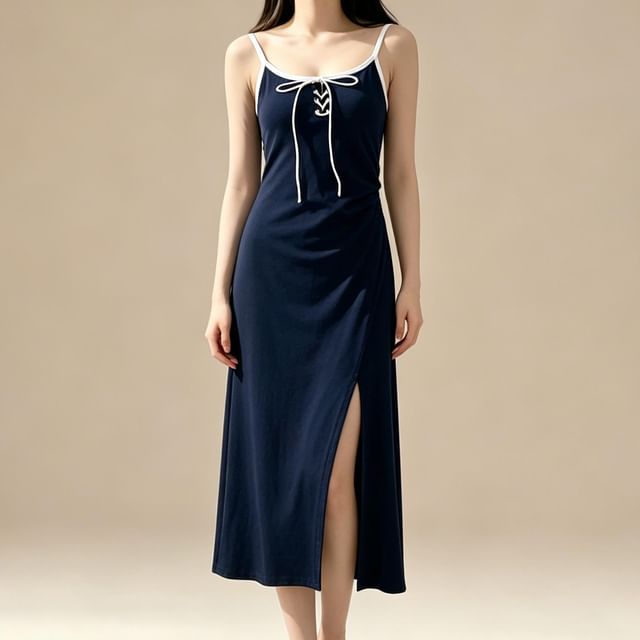 Spaghetti Strap Contrast Trim Lace Up Slit Maxi A-Line Dress