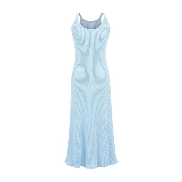 Spaghetti Strap Scoop Neck Plain Lettuce Edge Maxi A-Line Knit Dress