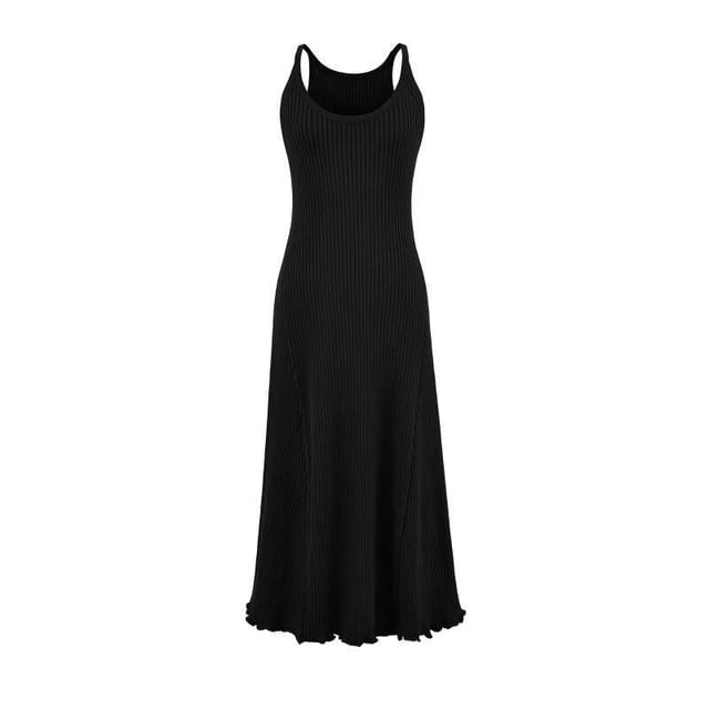 Spaghetti Strap Scoop Neck Plain Lettuce Edge Maxi A-Line Knit Dress