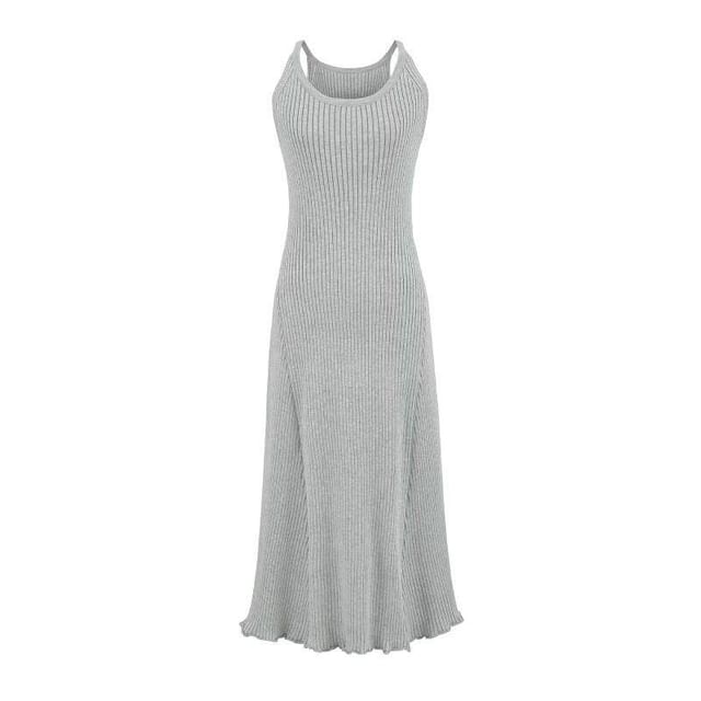 Spaghetti Strap Scoop Neck Plain Lettuce Edge Maxi A-Line Knit Dress