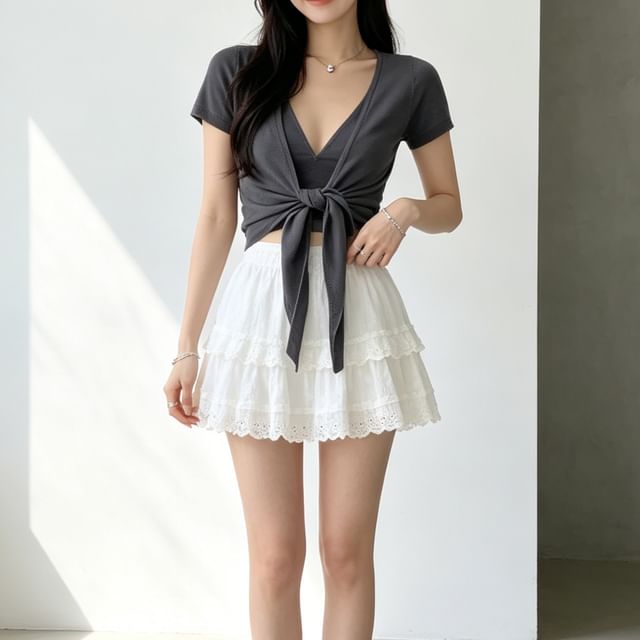 Short-Sleeve Plain Tie Front Crop Cardigan