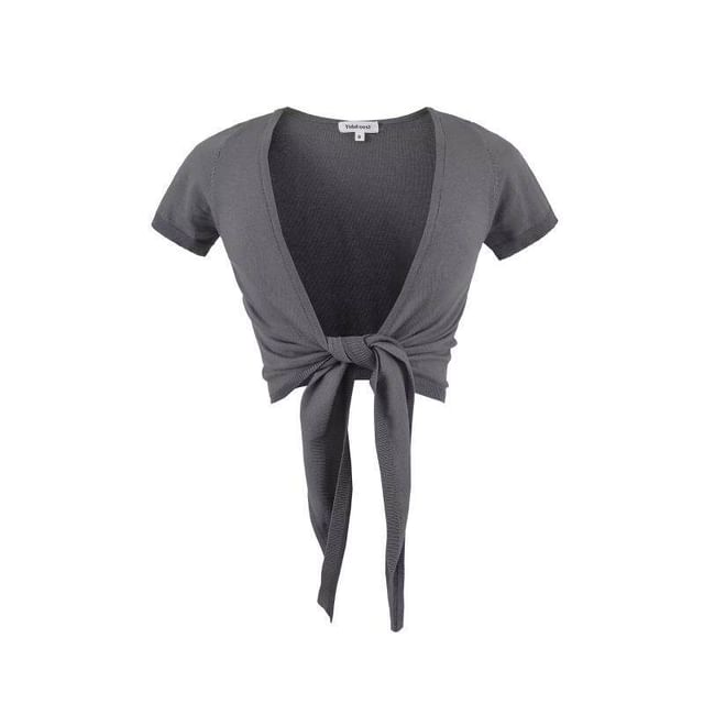 Short-Sleeve Plain Tie Front Crop Cardigan