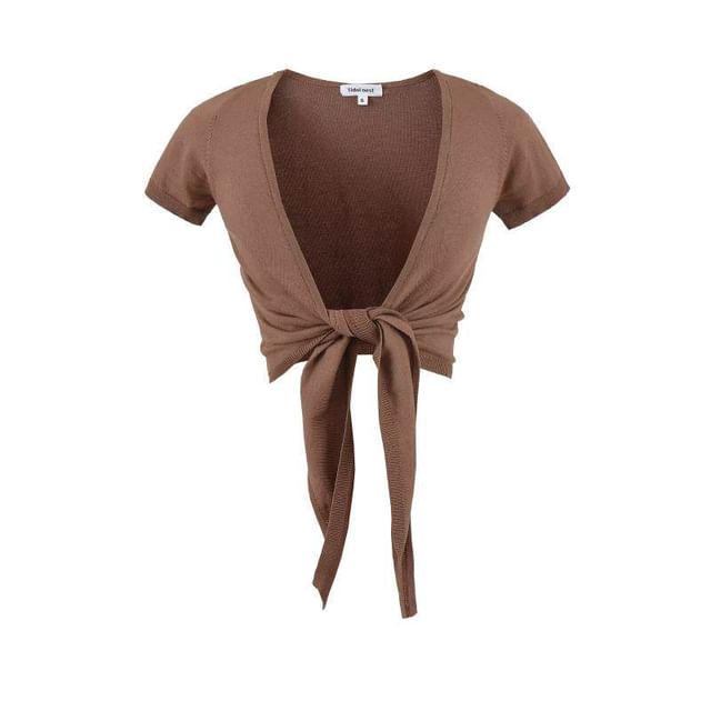 Short-Sleeve Plain Tie Front Crop Cardigan