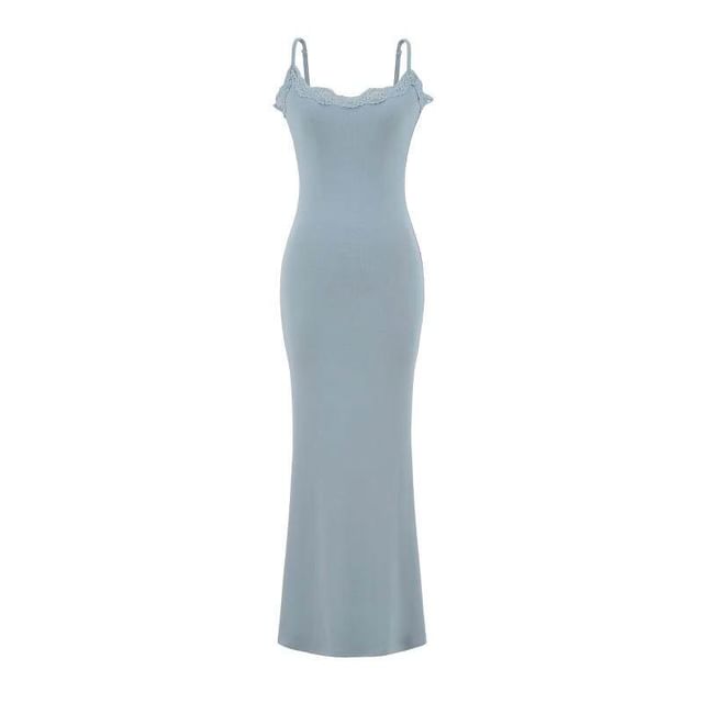 Spaghetti Strap Scoop Neck Plain Lace Trim Maxi Mermaid Dress