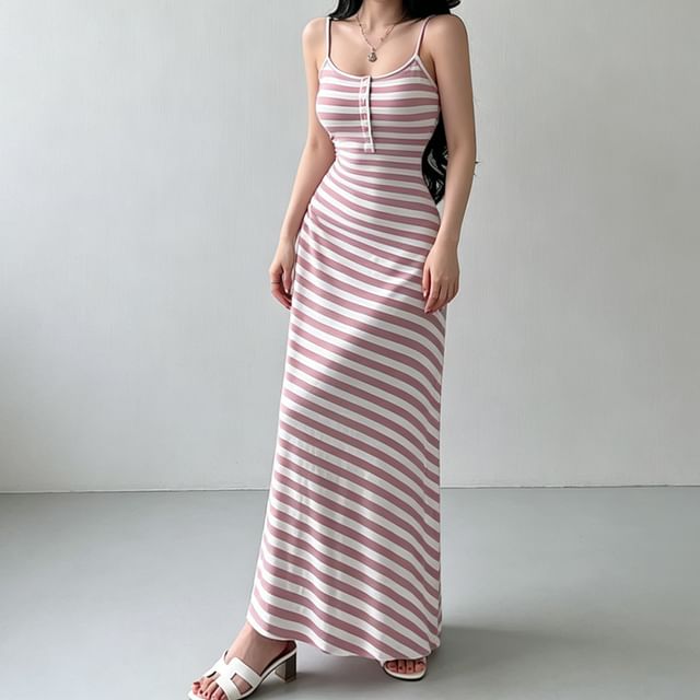 Spaghetti Strap Scoop Neck Striped Maxi A-Line Dress