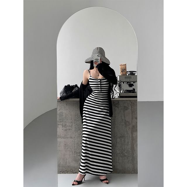 Spaghetti Strap Scoop Neck Striped Maxi A-Line Dress