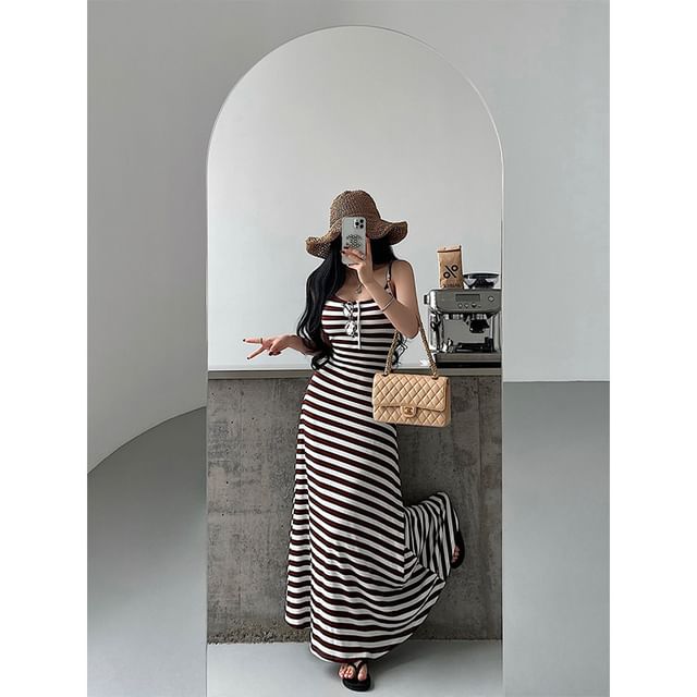 Spaghetti Strap Scoop Neck Striped Maxi A-Line Dress