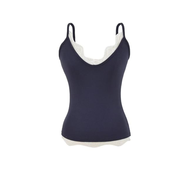 Spaghetti Strap V-Neck Plain Lace Trim Camisole Top