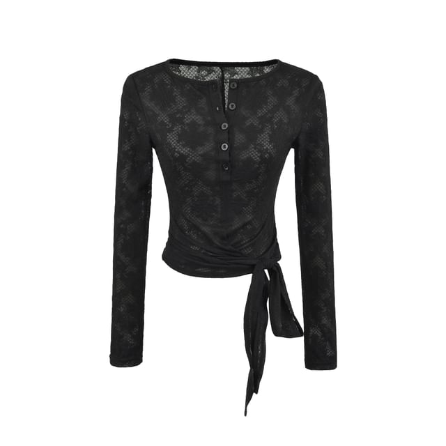 Long-Sleeve Henley Neck Plain Lace Top