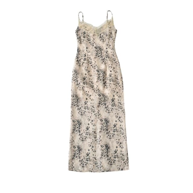 Spaghetti Strap V-Neck Leopard Print Lace Trim Maxi A-Line Dress