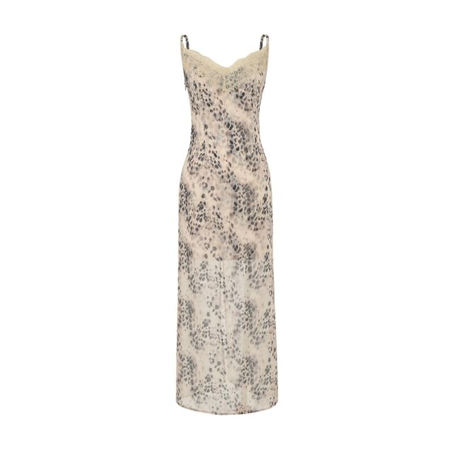 Spaghetti Strap V-Neck Leopard Print Lace Trim Maxi A-Line Dress