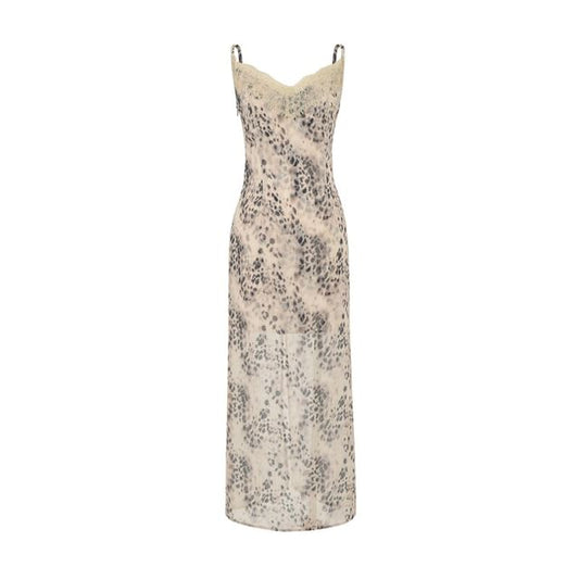 Spaghetti Strap V-Neck Leopard Print Lace Trim Maxi A-Line Dress