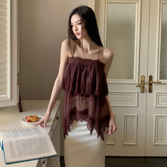 Plain Mesh Panel Lace Camisole Top
