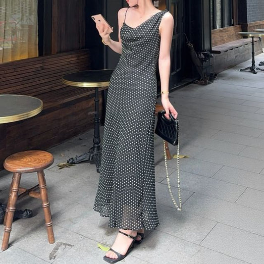 Sleeveless Polka Dot Asymmetrical Maxi Sheath Dress