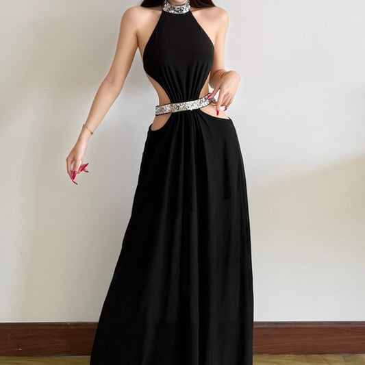 Sleeveless Embellished Cutout Plain Maxi A-Line Dress
