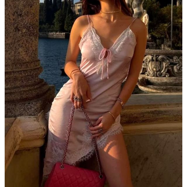 Spaghetti Strap V-Neck Lace Panel Tie-Front Asymmetric Hem Mini Dress