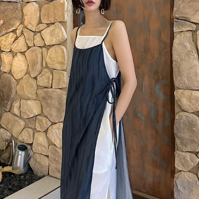Mock Two-Piece Spaghetti Strap Two Tone Maxi A-Line Dress