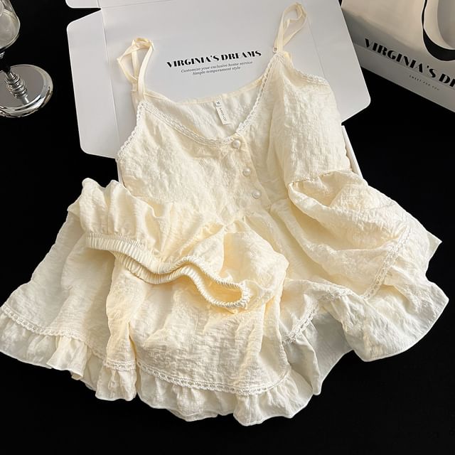 Pajama Set: V-Neck Lace Trim Padded Camisole Top + Shorts