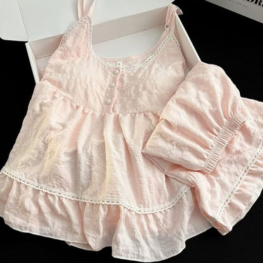 Pajama Set: V-Neck Lace Trim Padded Camisole Top + Shorts