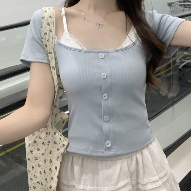 Mock Two-Piece Short-Sleeve Square Neck Tow Tone Lace Trim Crop T-Shirt