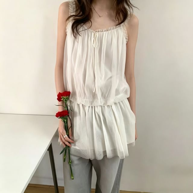 Spaghetti Strap Plain Frill Trim Mesh Mini A-Line Dress