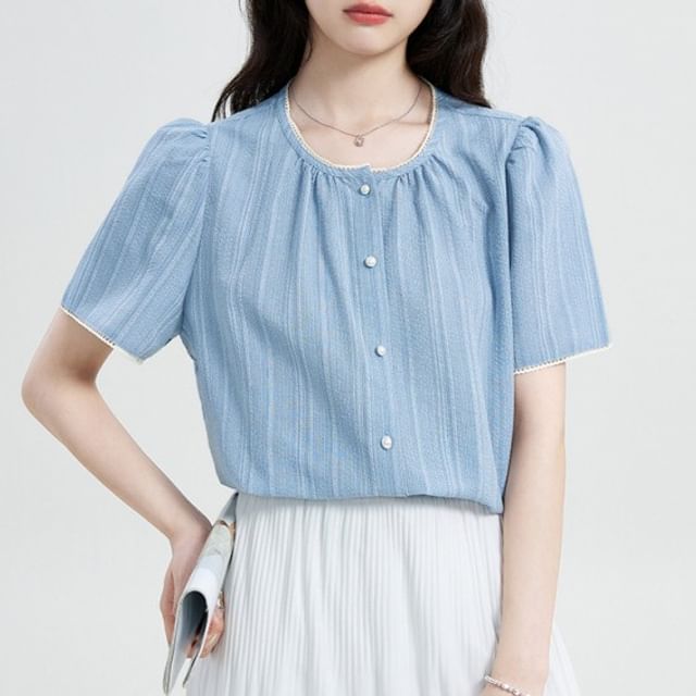 Short-Sleeve Crew Neck Striped Lace Trim Button-Up Blouse