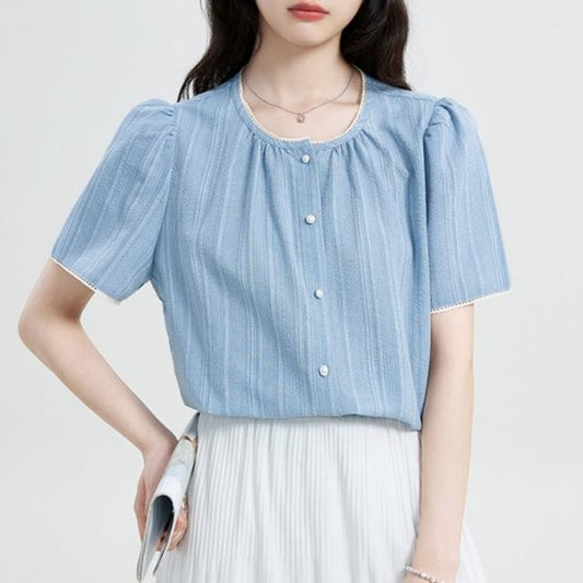 Short-Sleeve Crew Neck Striped Lace Trim Button-Up Blouse