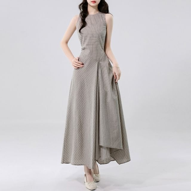 Sleeveless Crew Neck Plaid Asymmetrical Maxi A-Line Dress