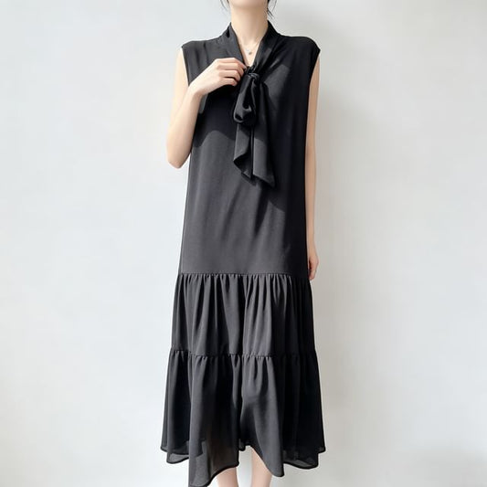 Sleeveless Scarf Neck Plain Sheer Maxi A-Line Dress