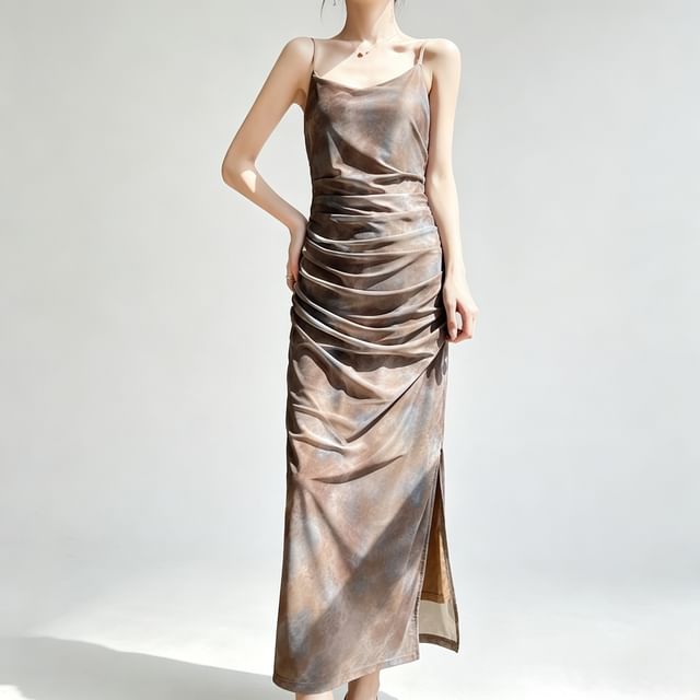 Spaghetti Strap Tie Dye Ruched Slit Mesh Maxi Sheath Dress
