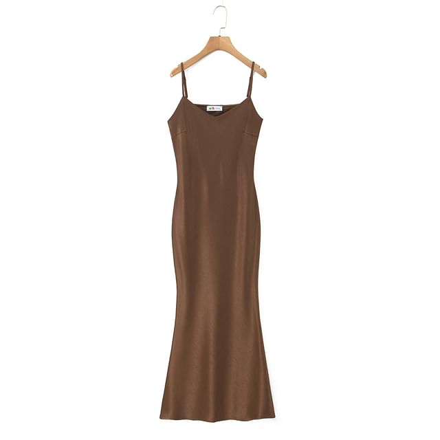 Spaghetti Strap V-Neck Plain Satin Maxi Mermaid Dress
