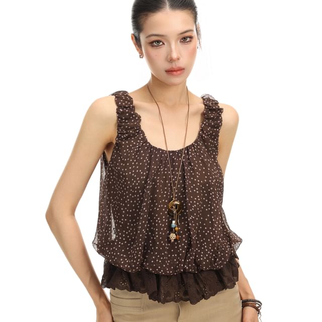 Sleeveless Scoop Neck Dotted Lace Trim Tank Top