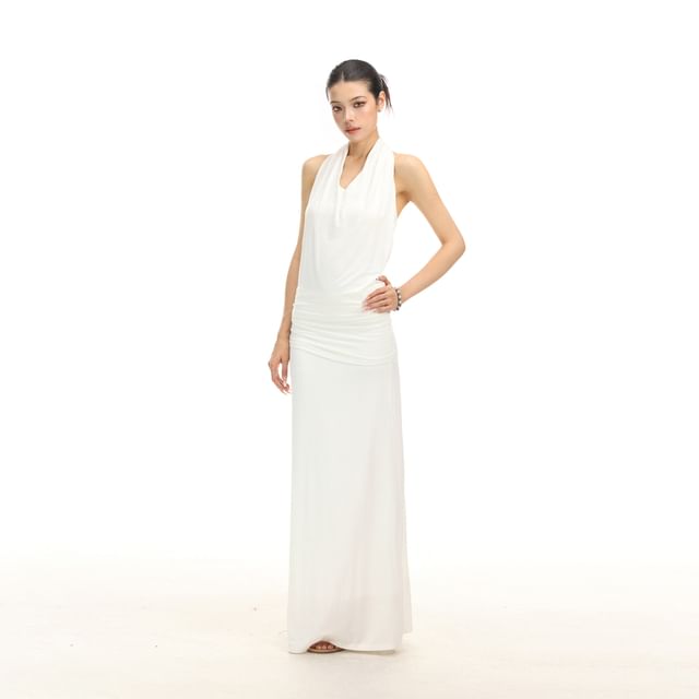 Halter Neck Plain Ruched Maxi Sheath Dress