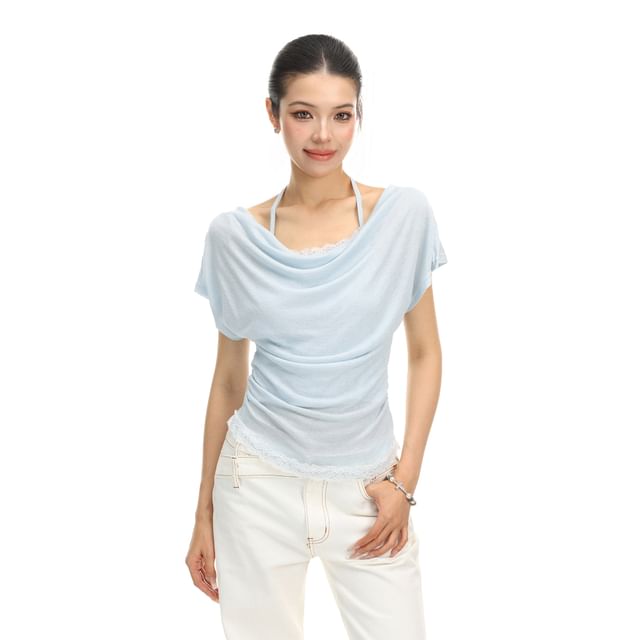 Short-Sleeve Cowl Neck Plain Lace Trim T-Shirt