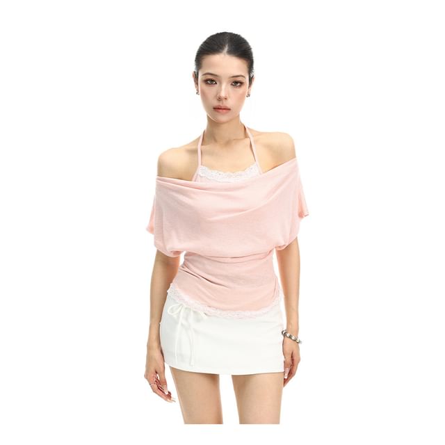 Short-Sleeve Cowl Neck Plain Lace Trim T-Shirt