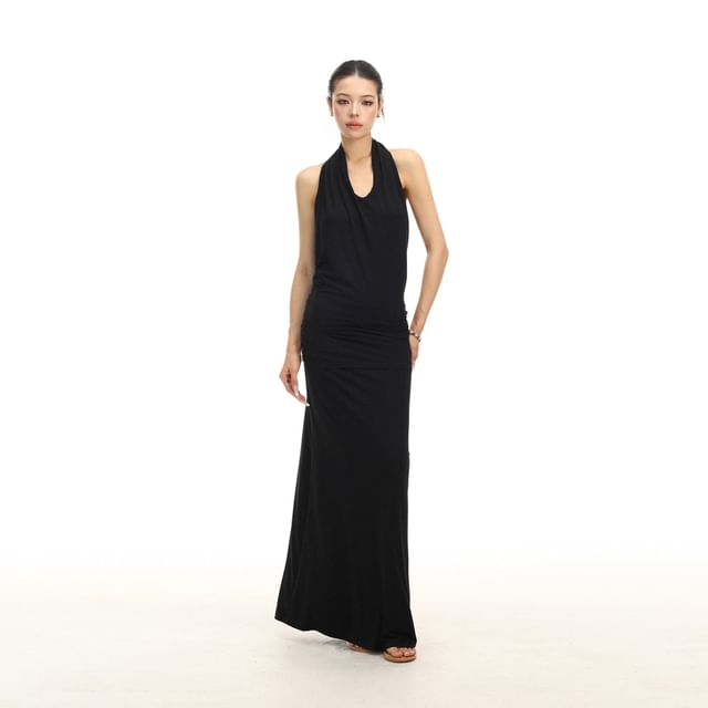 Halter Neck Plain Ruched Maxi Sheath Dress