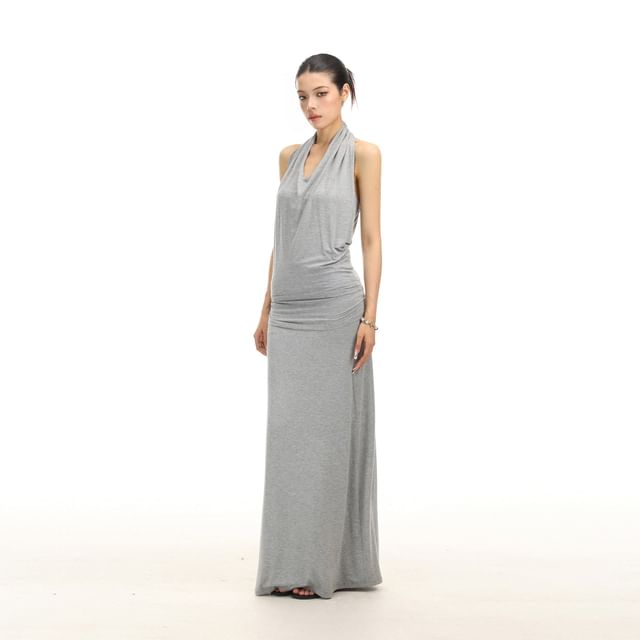 Halter Neck Plain Ruched Maxi Sheath Dress