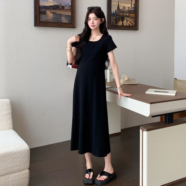 Maternity Short Sleeve Square Neck Plain Maxi A-Line Dress