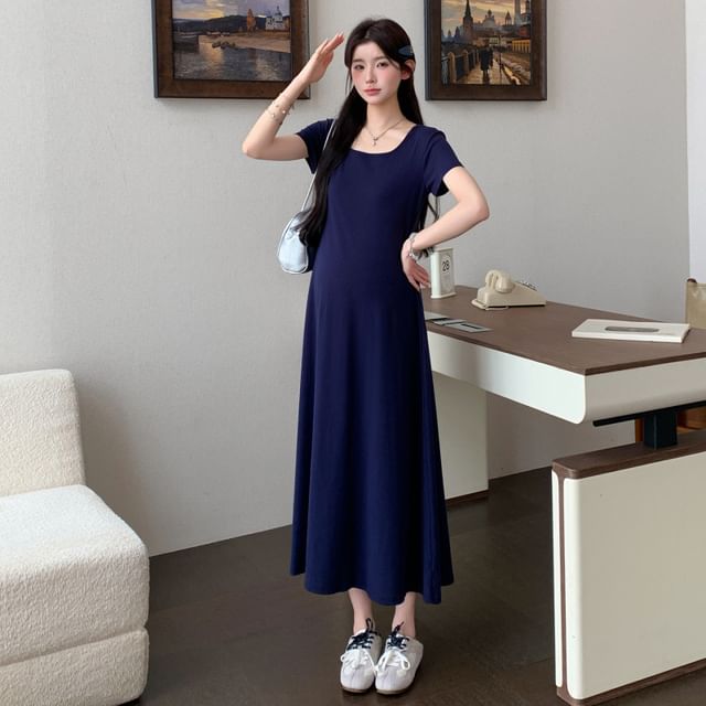 Maternity Short Sleeve Square Neck Plain Maxi A-Line Dress